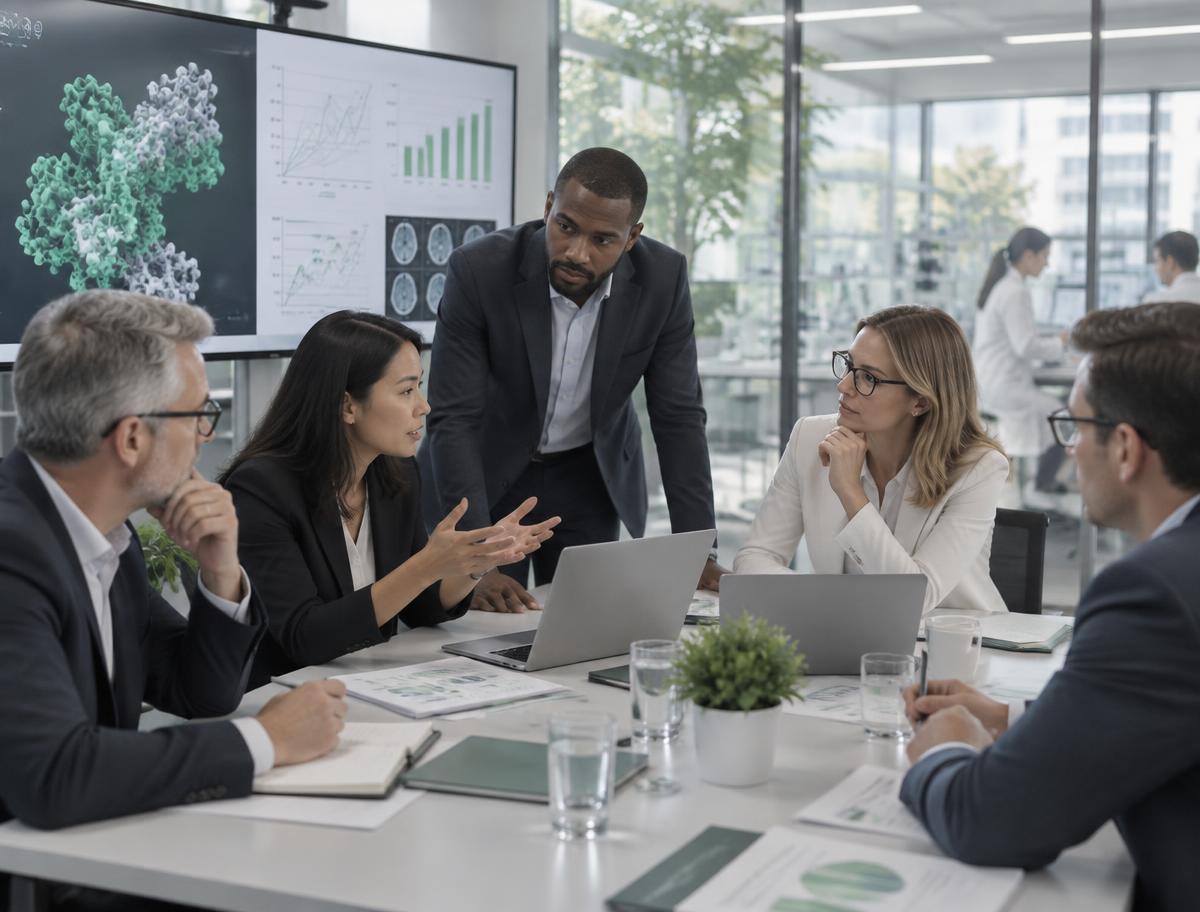 Life sciences leaders reviewing portfolio data